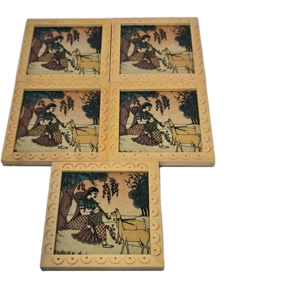 Set of 5 Rajasthani Handcrafted Coasters  Traditional Indian Folk Art Woman deer